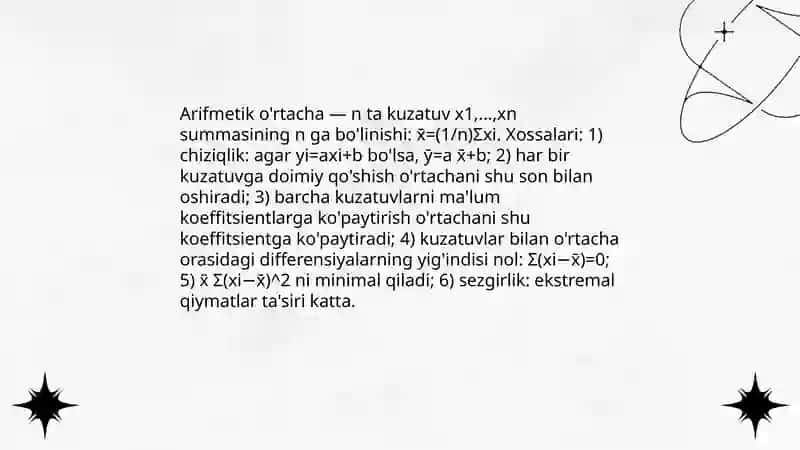 O'rtacha miqdorlar. Statistikada baholash usullari va dispersion tahlil asoslari 3