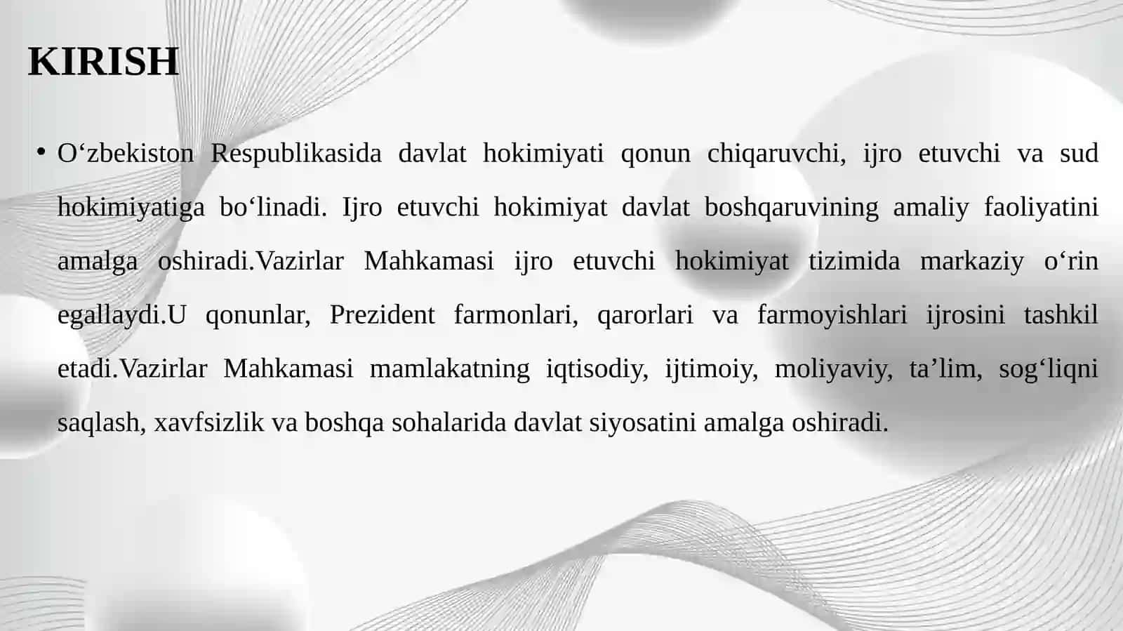 O‘zbekiston Respublikasi Vazirlar Mahkamasining hokimiyat tizimidagi o‘rni. 3