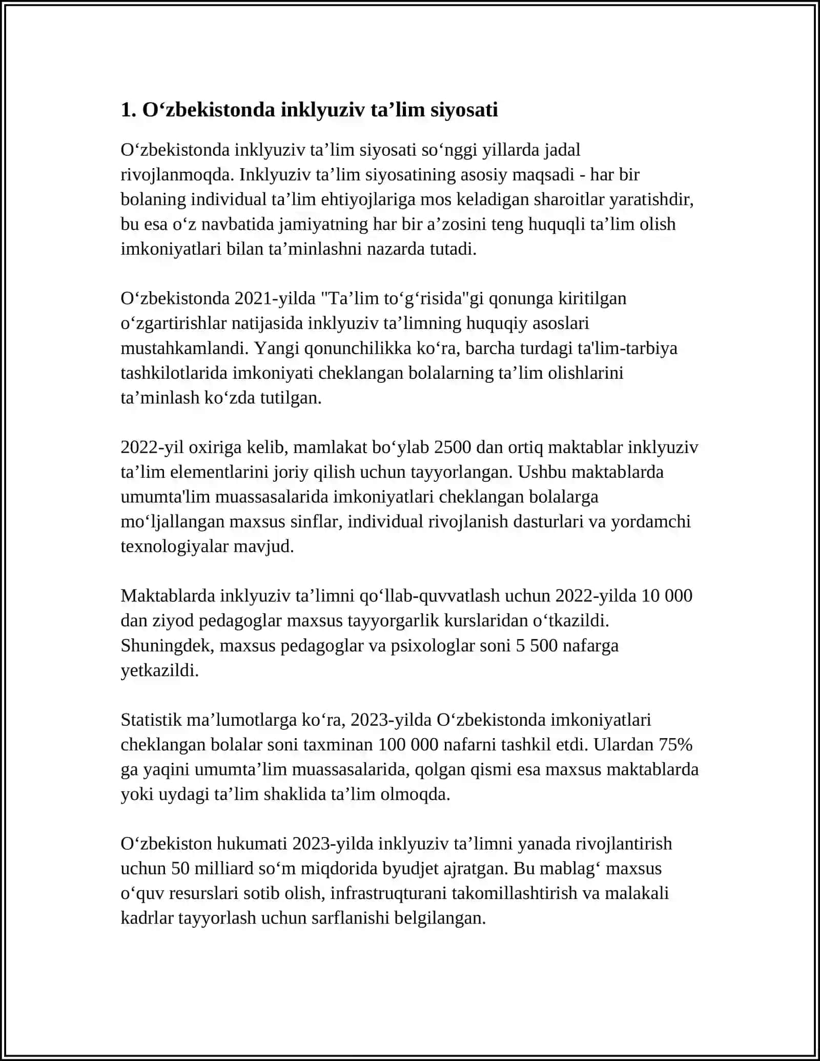 Oʻzbekistonda inklyuziv taʼlimning meyoriy huquqiy bazasini tahlil qilish 3
