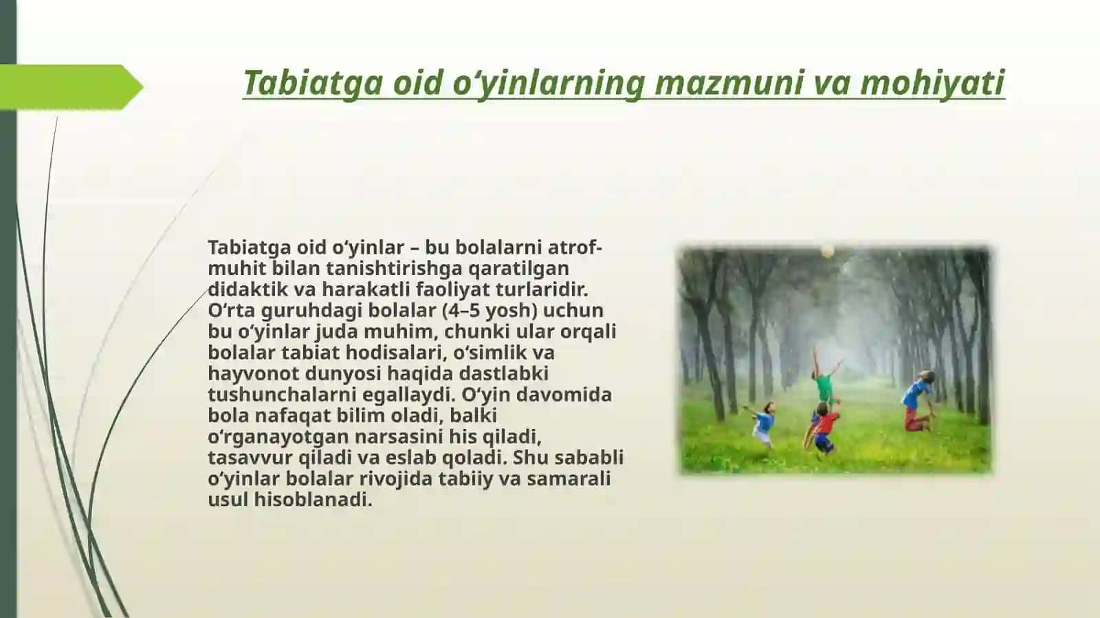 O’rtaguruhda tabiatga oid o’yinlarning tashkil etishning mashg’ulotga ishlanmalarini tuzish 3