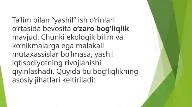 “Yashil” ish o‘rinlari va ta’lim o‘rtasidagi bog‘liqliklar. 3