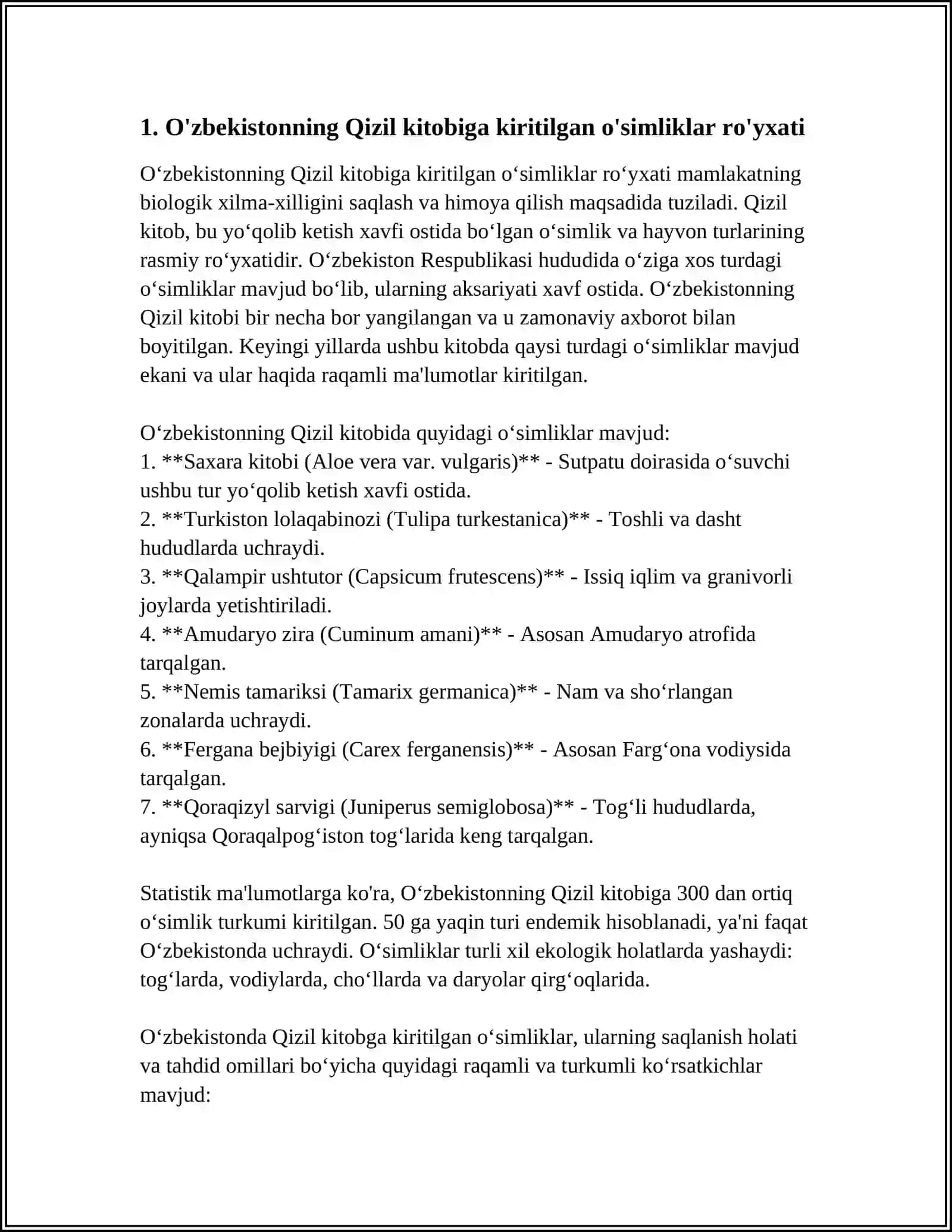O'zbekistonning Qizil kitobiga kiritilgan o'simliklar va hayvonlari 3