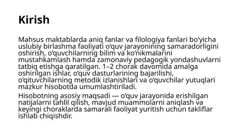 Mahsus maktablar uchun  Aniq va filologiya  fani uslub birlashmasining 1-2 chorak  hisobati 3