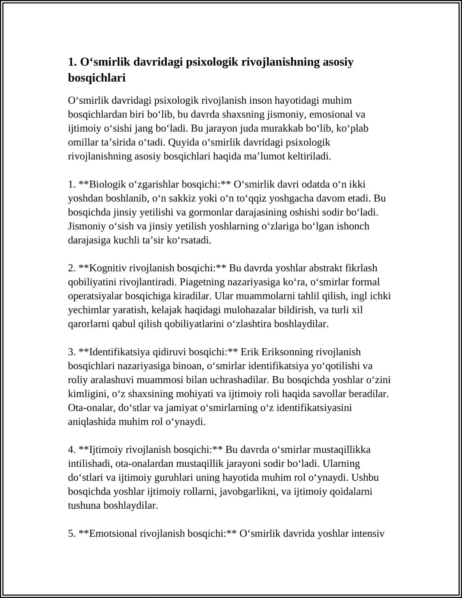 MUSTAQIL ISH Mavzu: OʻSMIRLIK DAVRIDAGI PSIXIK RIVOJLANISHNING UMUMIY TAVSIFI 3