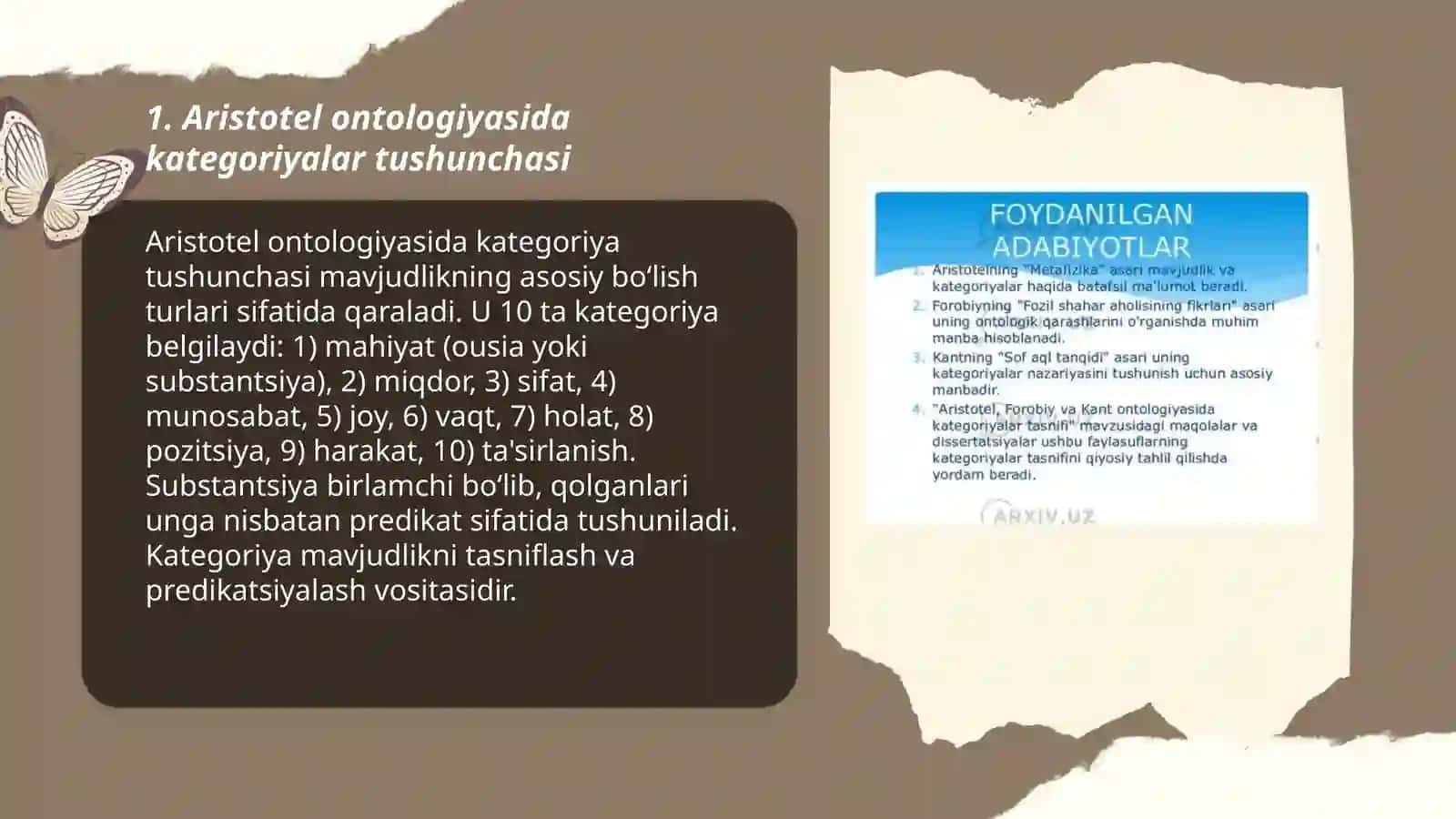 Aristotel, Forobiy va Kant ontologiyasida kategoriyalarning tasnifi 3