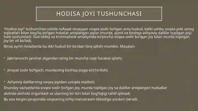 Hodisa sodir boʼlgan va murda topilgan joyni koʼzdan kechirish 3