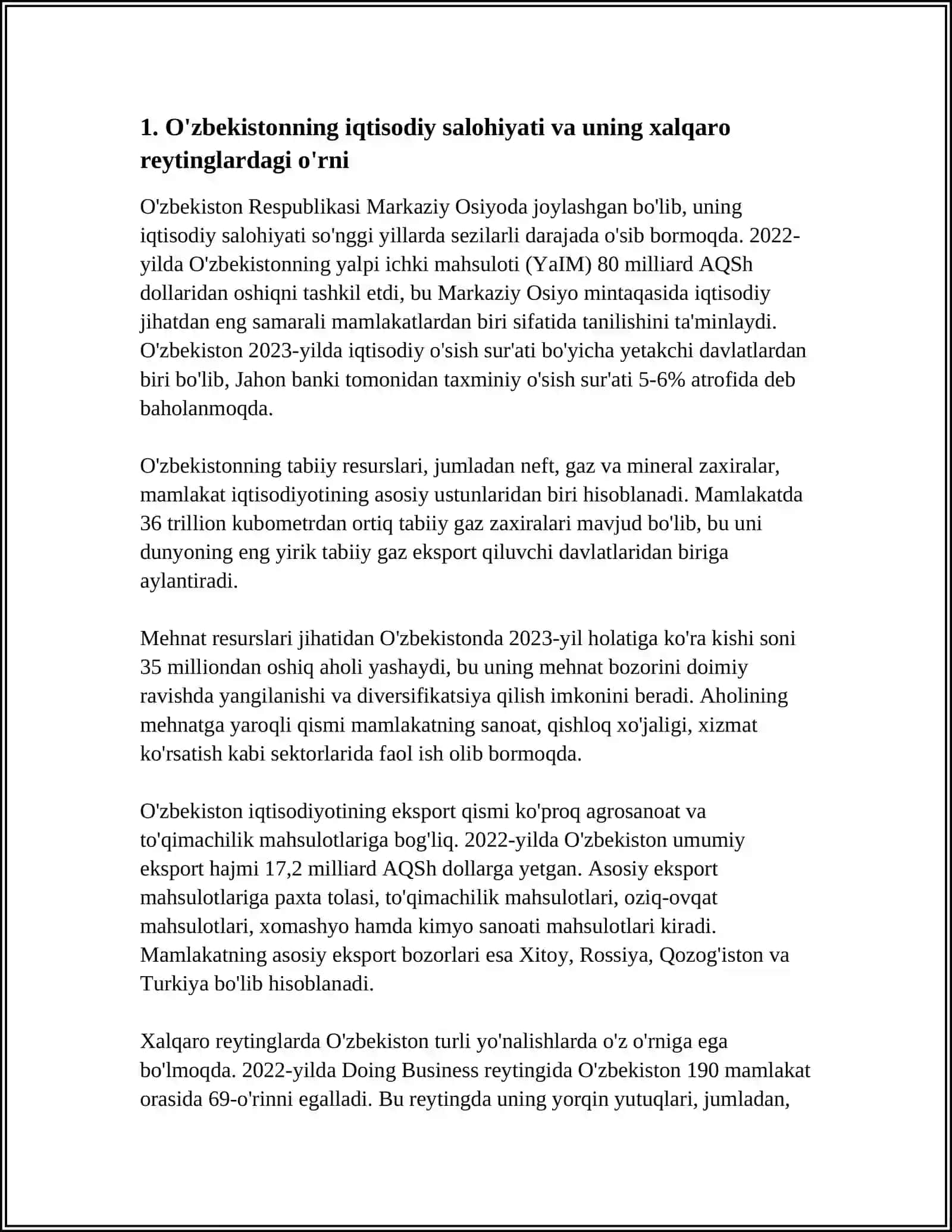 O'ZBEKISTON RESPUBLIKASINING XALQARO REYTING VA INDEKSLARDAGI O'RNI VA NUFUZINI ORTIB BORISHI 3
