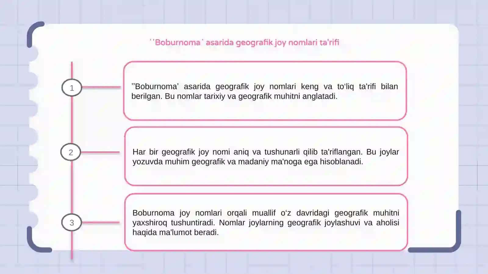 ʼʼBoburnomaʼʼ asaridan geografik joy nomlarini taʼrifini yozish 3