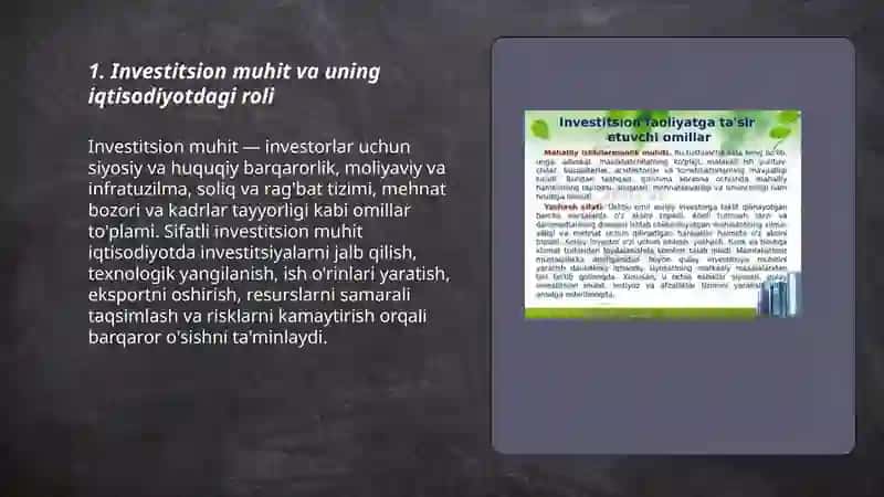 Investitsiya faoliyatini rivojlantirish investotsiyasi muhitini oʻrni 3