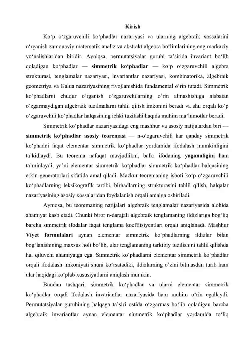 n-oʻzgaruvchili koʻphadlar halqasining ixtiyoriy simmetrik koʻphadini elementar simmetrik koʻphadlar yordamida ifodalash 3