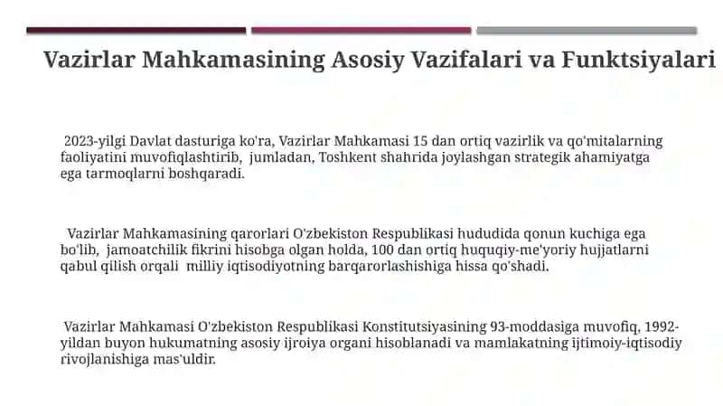 Vazirlar Mahkamasining Asosiy Vazifalari va Funktsiyalari 3