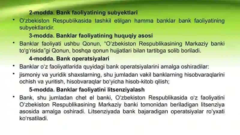 BANKLAR VA BANK FAOLIYAT TO’G’RISIDA QONUN 3