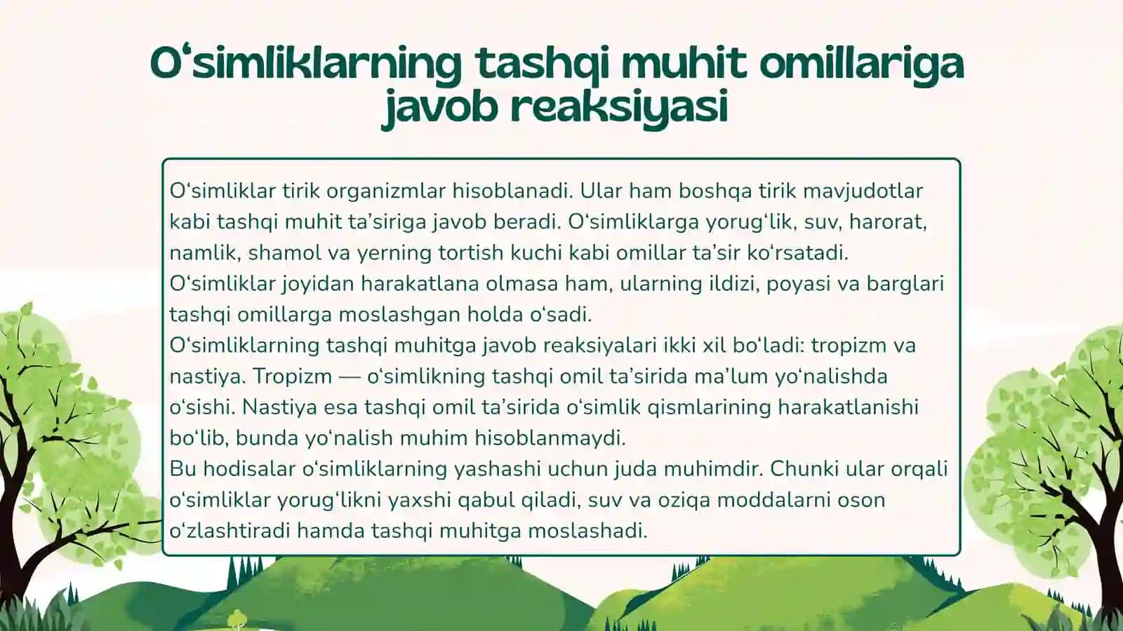 O‘simliklardagi fototropizm, fotonastiya va geotropizm hodisalari mavzusida slayd taqdimot 3
