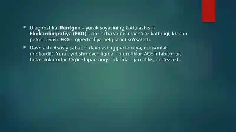 Yurak shovqinlari va kardiomegaliya. YUrak cho‘qqisida shovqin borligini taqqoslama tashxisot. Funksional (miokardial, anemik, qon o‘zgarishlarida, isitmada) va organiq (mitral klapan etishmovchiligi, mitral teshik stenozi, mitral klapan prolapsi, aortal klapan tug‘ma nuqsonlari shovqinlarini baholash. OSHtaktikasi». 3