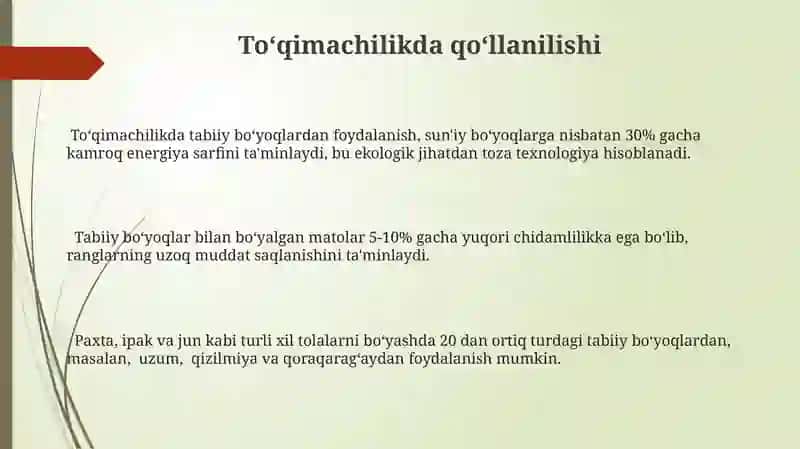 Tabiiy boyoqlar: kelib chiqishi Va qollanilishi 3