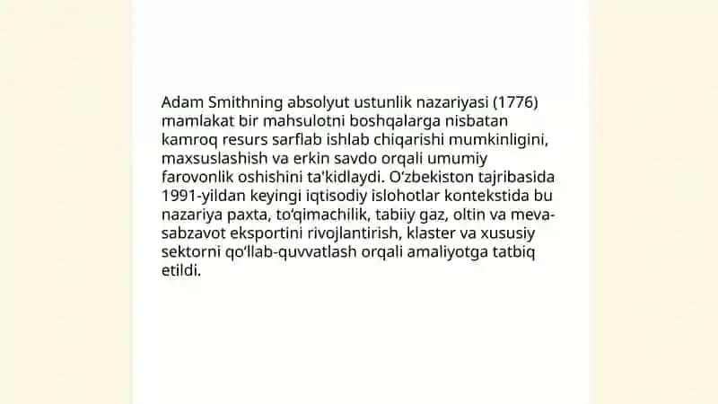Adam Smithning absolyut ustunlik nazariyasi va O‘zbekiston tajribasida qo‘llanilishi 3
