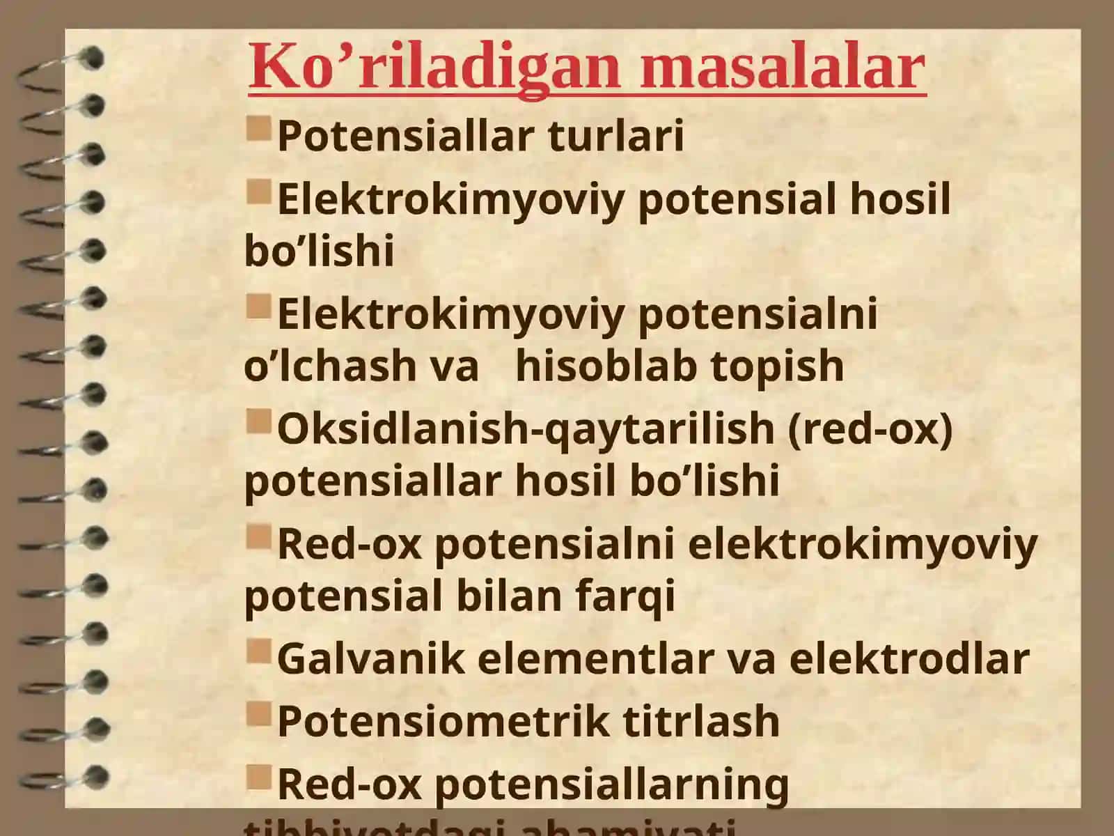 ELEKTRODLARDAGI JARAYONLAR. OKSIDLANISH-QAYTARILISH POTENSIALLARI 3