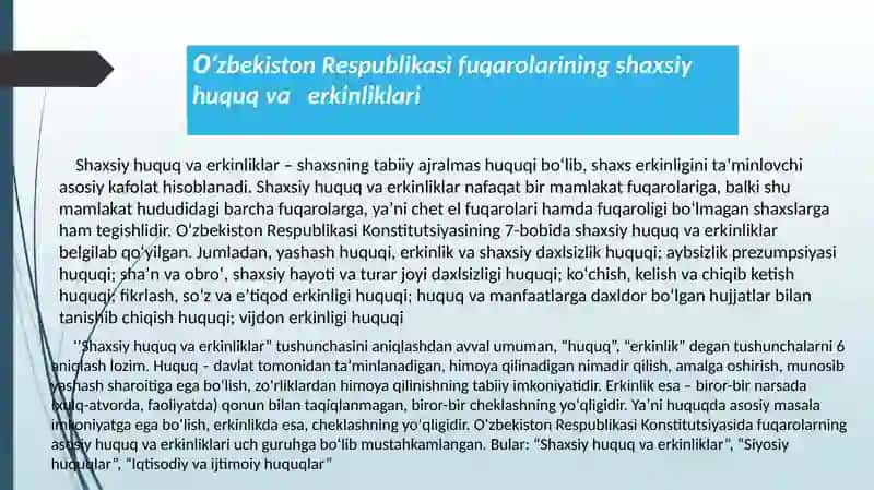 Oʻzbekiston respublikasi fuqarolarining konstitutsiyaviy huquq va erkinliklari 3