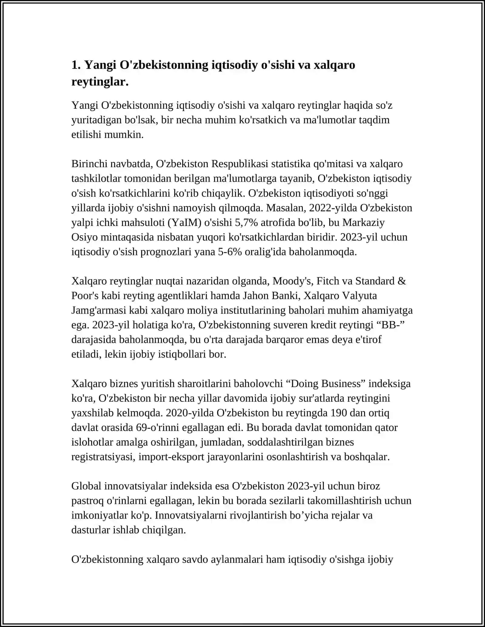 YANGI O'ZBEKISTON IJTIMOIY SIYOSIY IQTISODIY VA MADANIY HAYOTIDA RO'Y BERAYOTGAN O'ZGARISHLARNING XALQARO REYTING VA INDEKSLARDA AKS ETISHI 3