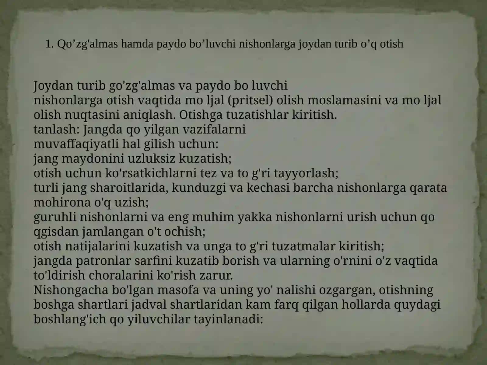 Qo’zg'almas hamda paydo bo’luvchi nishonlarga joydan turib va harakat holatlarida o’q otish 3