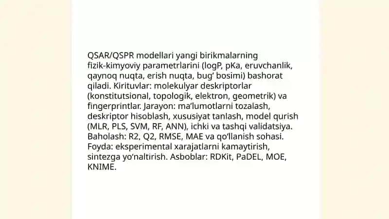 Oʻrganilmagan birikmalarning fizik kimyoviy parametrlarini bashorat qilish 3