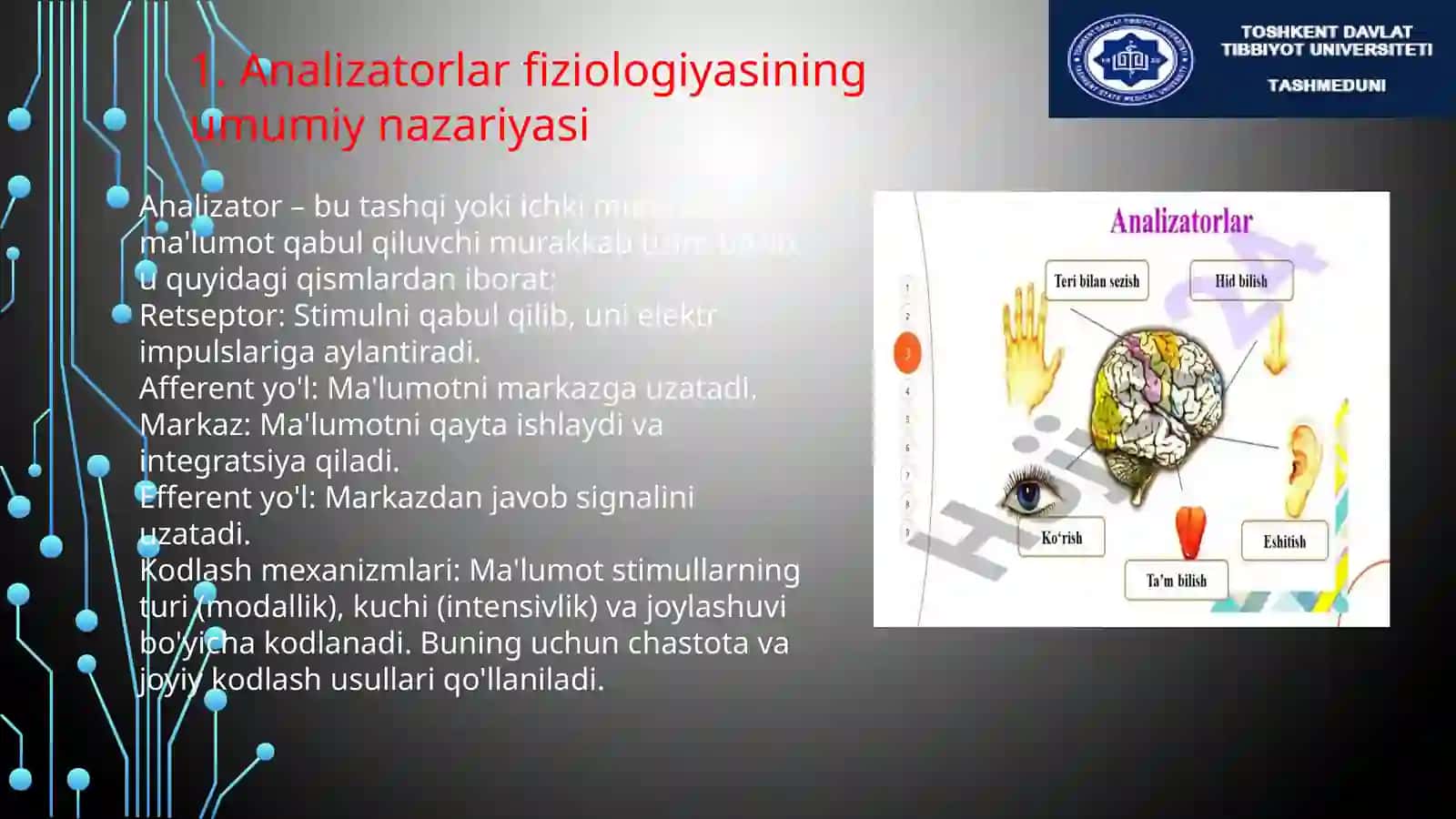 Analizatorlar fiziologiyasi. Retseptorlar (og'riq, hidbiluv, tambiluv, baro-hemo) 3