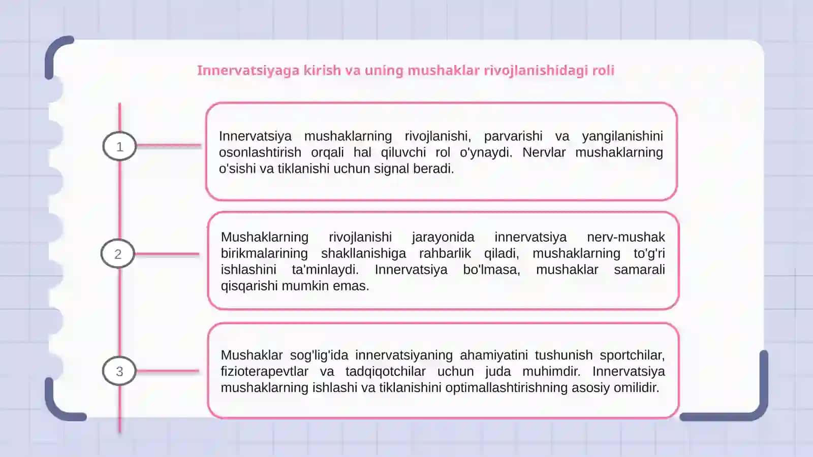 Mushaklarning taraqqiyoti, strukturaviy butunligini saqlash va regeneratsiyasida innervatsiyasining ahamiyati 3