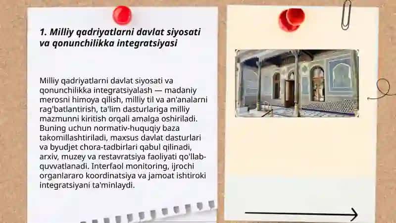 O'zbekistonda milliy qadriyatlar va tarixni tiklash borasidagi islohotlar mazmuni 3