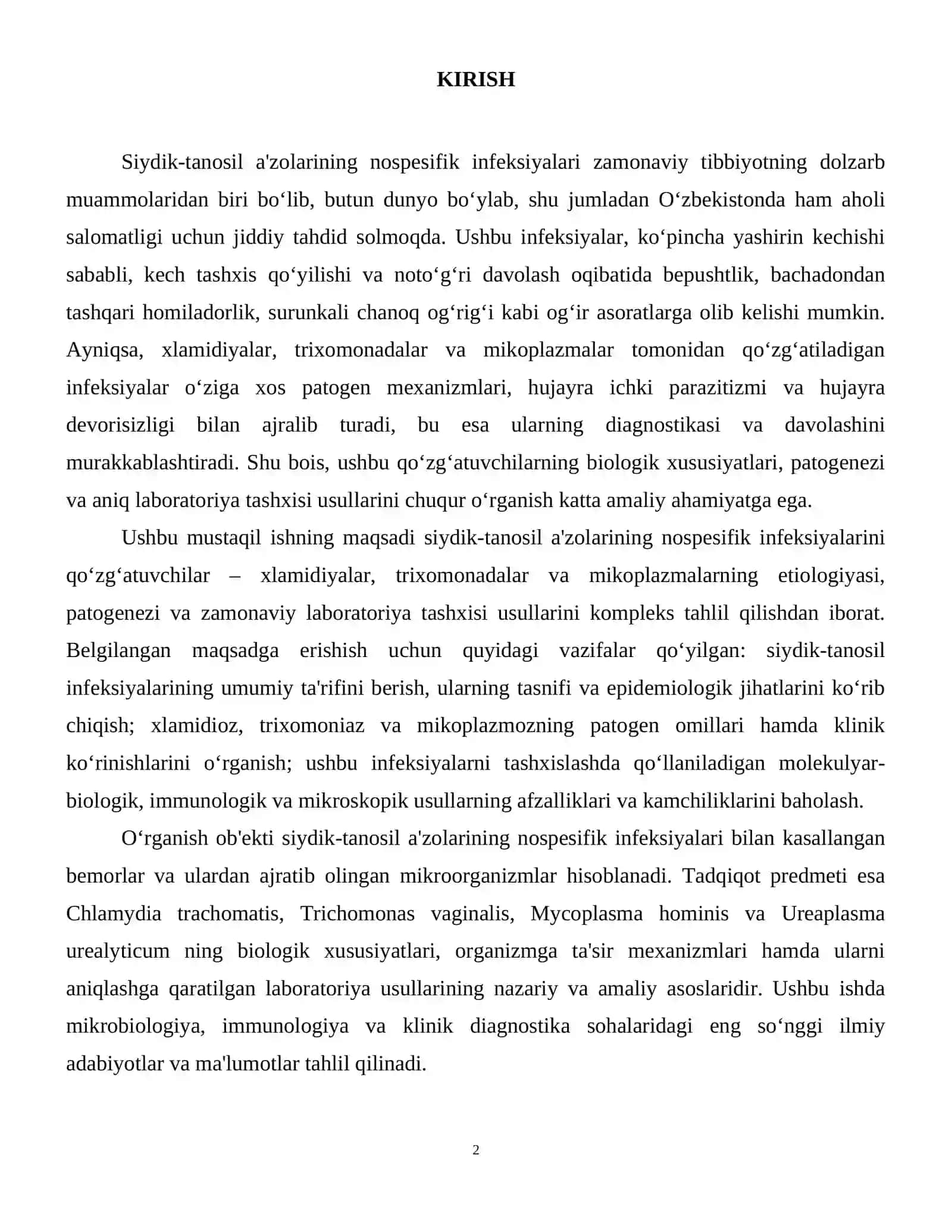 Siydik-tanosil a’zolarning nospesifik infeksiya qo‘zg‘atuvchiIari, patogenez, laboratoriya tashxisi (xlamidioz, trixomoniaz, mikoplazmoz). 3