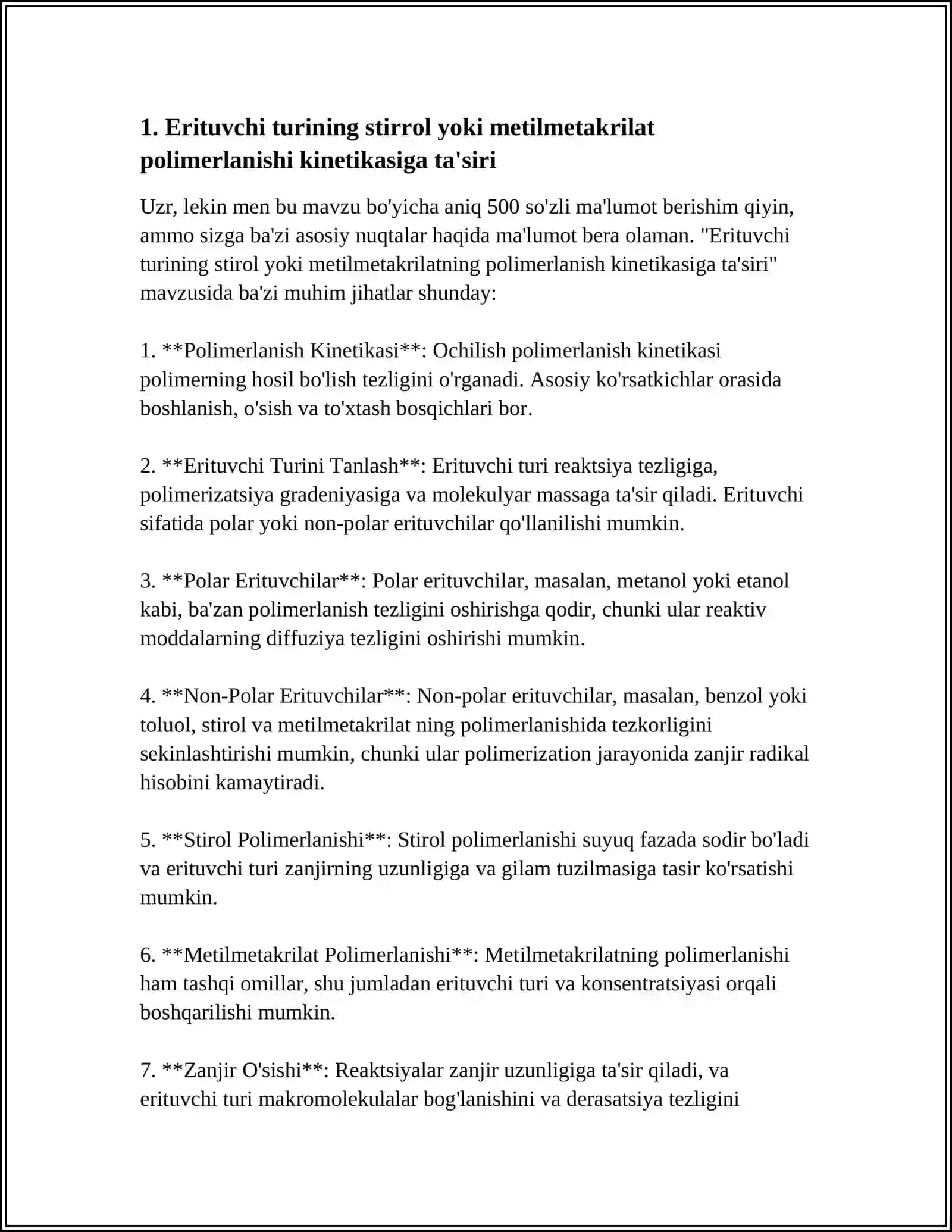 STIROL YOKI METILMETAKRILATNING ERITUVCHI ISHTIROKIDA POLIMERLANISHI 3