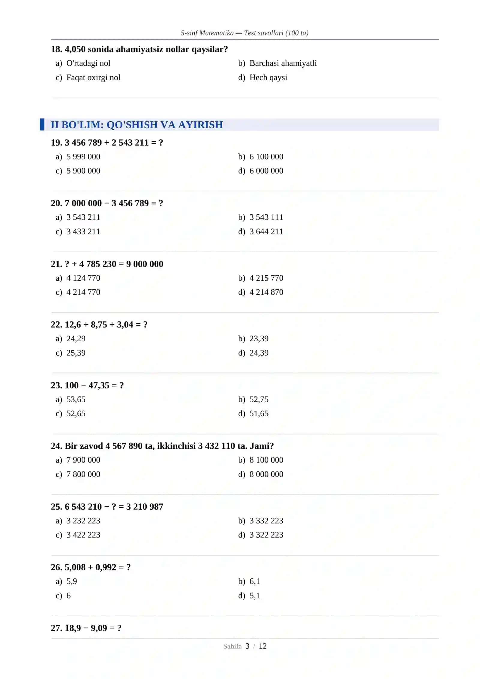 5-sinf Matematika — Test savollari (100 ta) 3