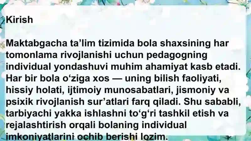 Bolalar bilan yakka ishlashni tashkil etish va rejalashtirish 3
