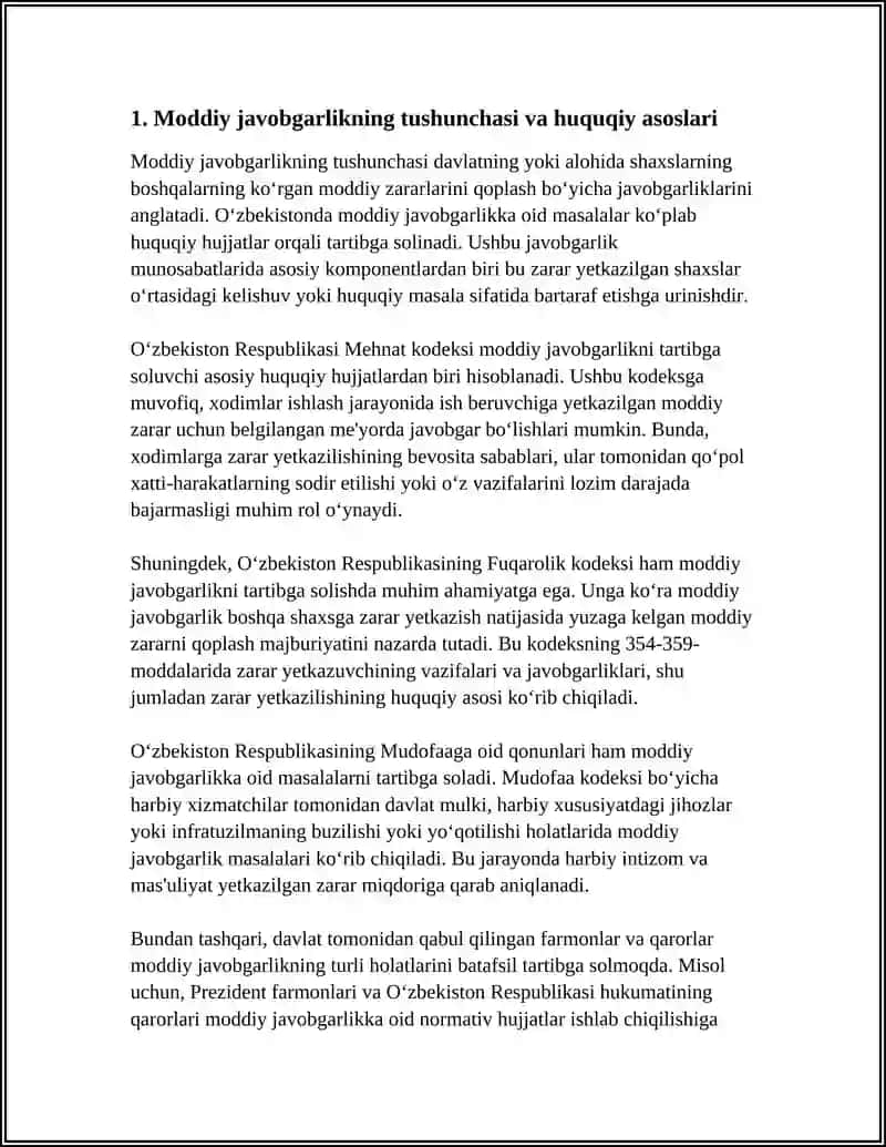 REFERAT Mavzu: HODIM VA ISH BERUVCHI MODDIY JAVOBGARLIGINING ASOSIY TAMOYILLARI VA MAZMUNI 3