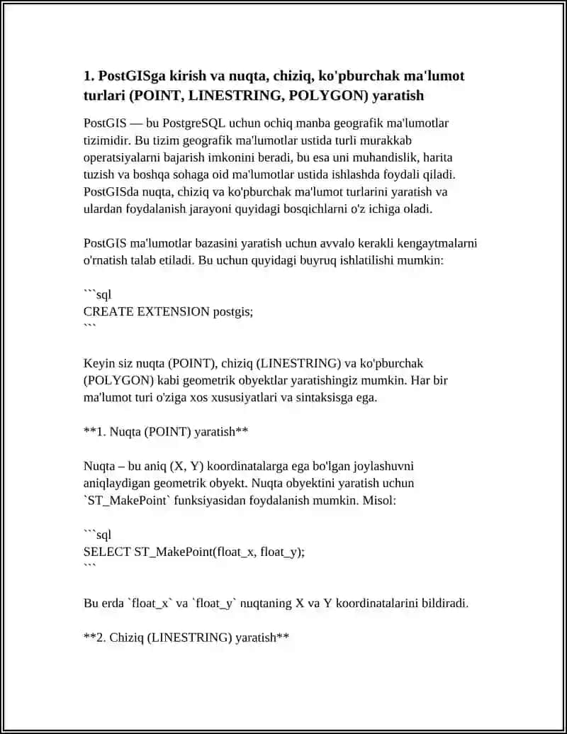 PostGISDA NUQTALAR, CHIZIQLAR VA KO'PBURCHAKLARNI YARATISH VA MANIPULYATSIYA QILISH BO'YICHA AMALIY ISH 3