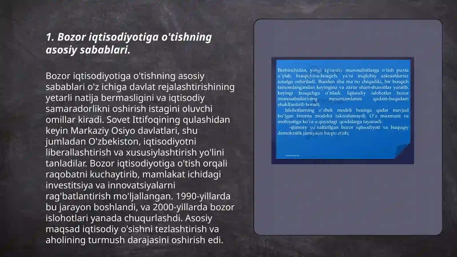 O’zbekistonda bozor iqtisodiyotiga o’tishning zaruriyati va bozor iqtisodiyotining hozirgi holati bo’yicha taqdimot tayyorlash 3