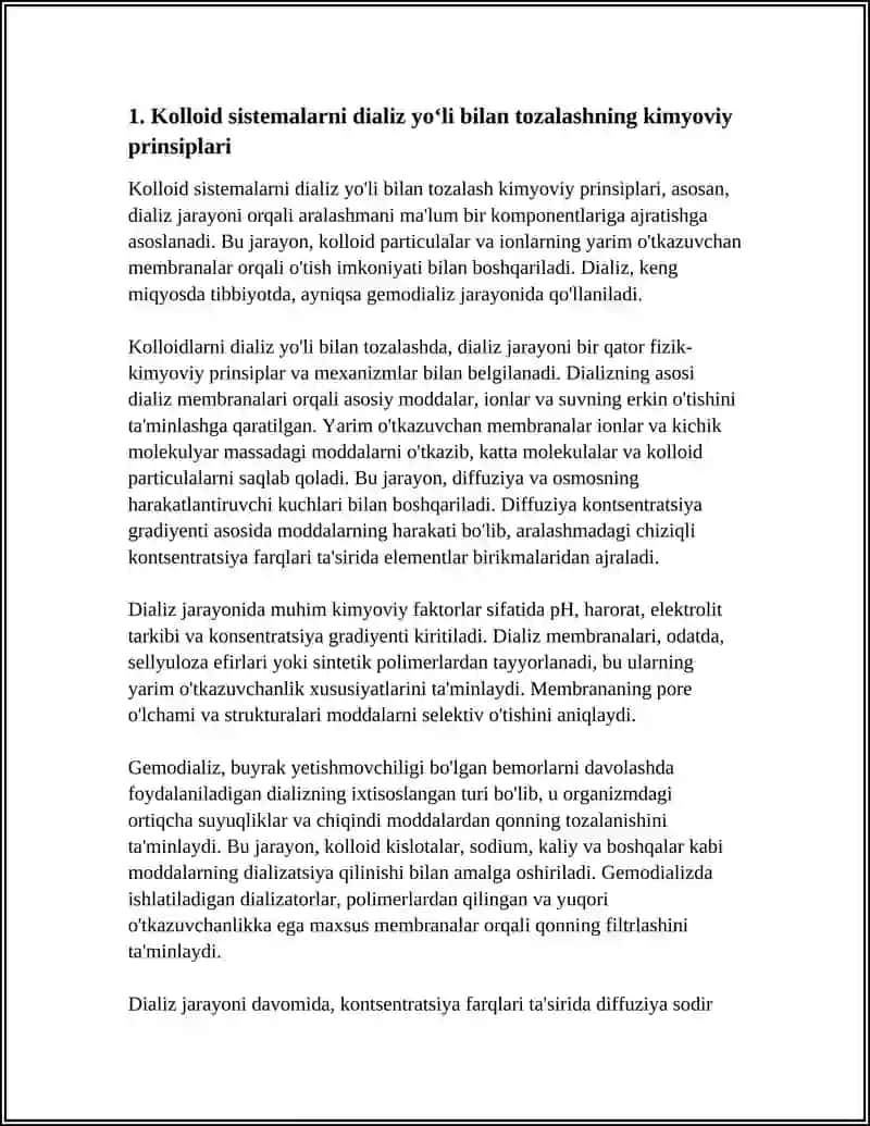Kolloid sistemalarni dIALIZ YOLI BILAN TOZALASH. GEMODIALIZNI OTKAZISHDA KIMYONING AHAMIYATI 3