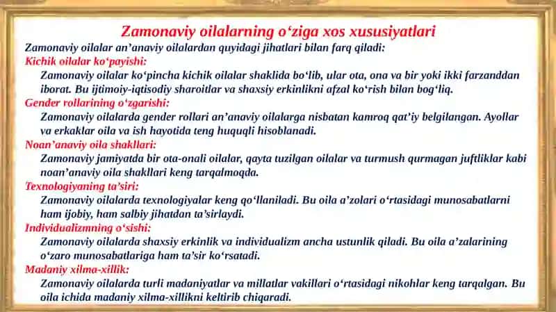 Zamonaviy oilalarning o‘ziga xos xususiyatlari.  Oila tarbiyasining mazmun – mohiyati 3
