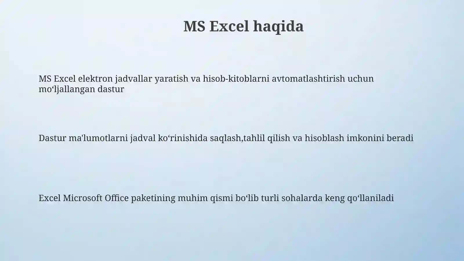 MS Excel elektron jadvallar bilan ishlash 3