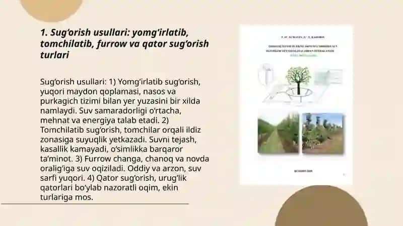 Qishloq xo‘jalik ekinlarining sug‘orish texnikasi va ulardan foydalanish vositalarini yoritish 3