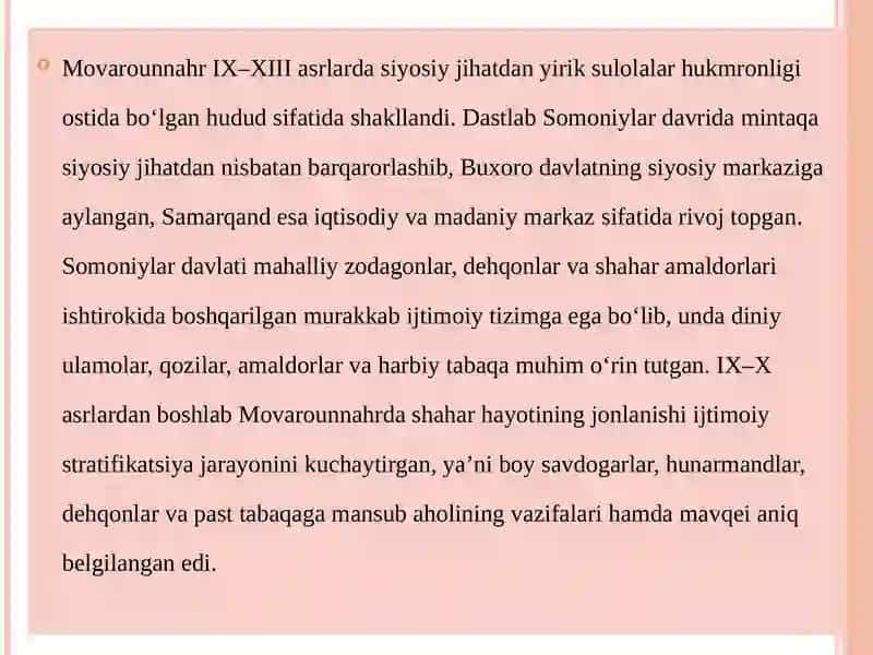 Movarounnahrda IX-XIII asrlarda ijtimoiy-iqtisodiy hayot mavzusida taqdimot ishi 3