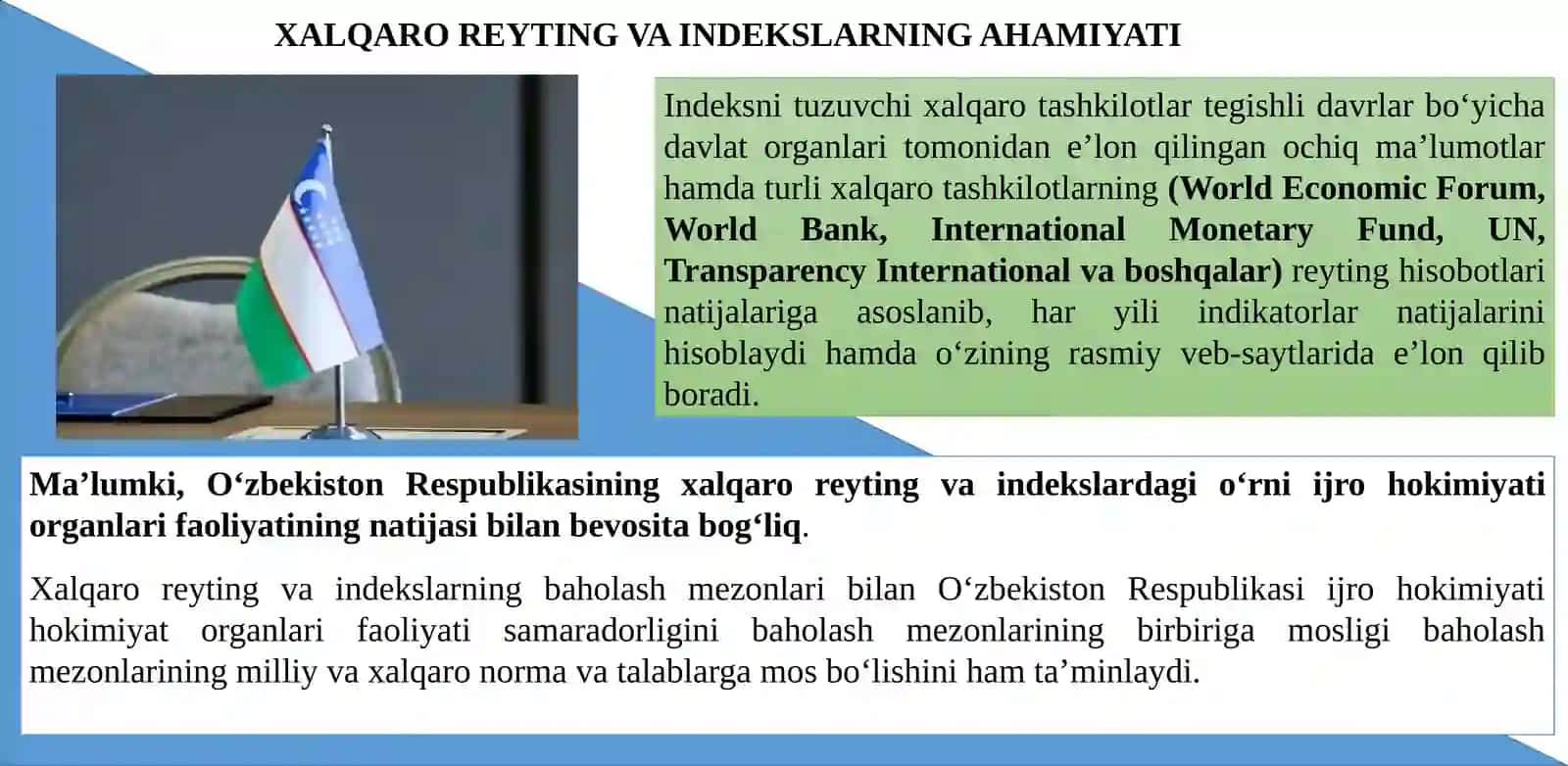 O‘ZBEKISTON RESPUBLIKASINING XALQARO REYTING VA INDEKSLARDAGI O‘RNI VA NUFUZINI ORTIB BORISHI 3