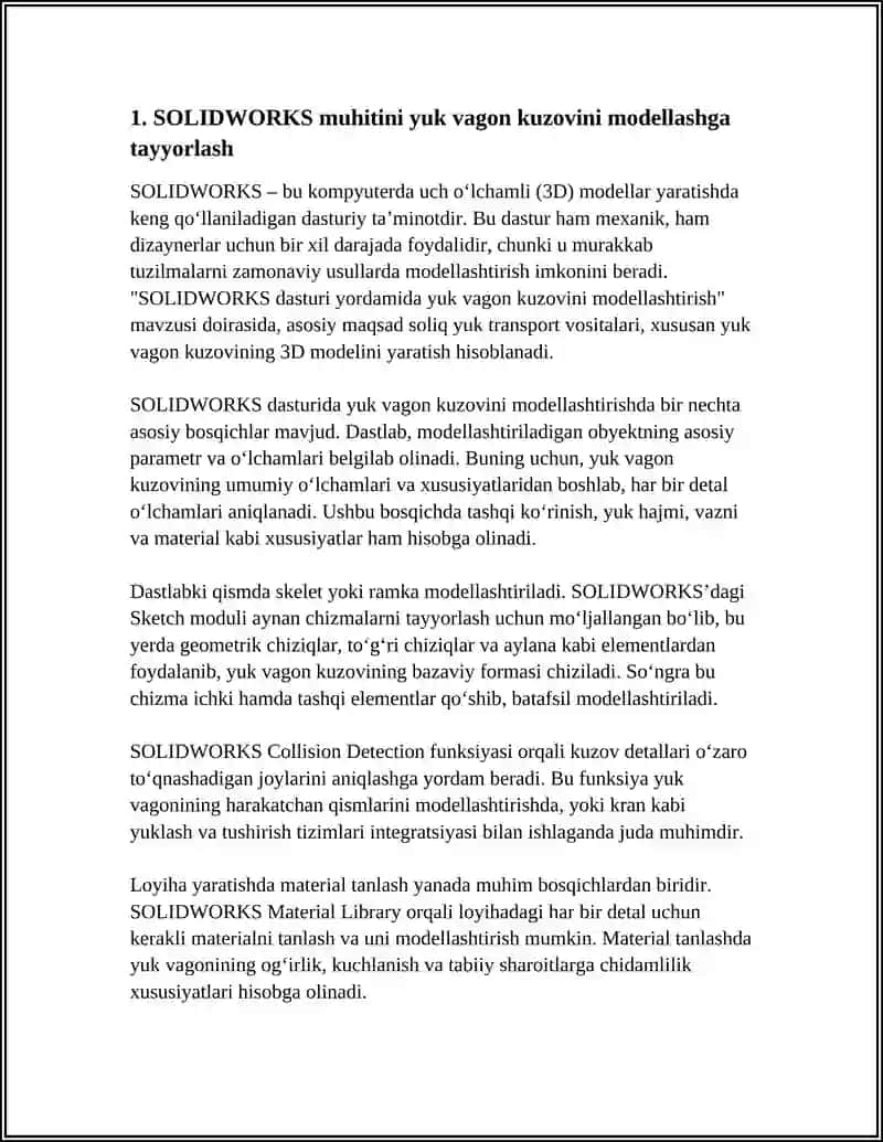 SOLIDWORKS DASTURI YORDAMIDI YUK VAGON KUZOVINI MODELLASHTIRISH 3