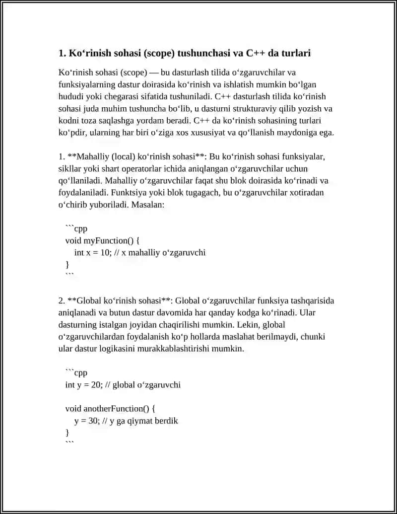 C++ KOʻRINISH SOHASI.LOKAL VA GLOBAL OʻZGARUVCHILAR 3