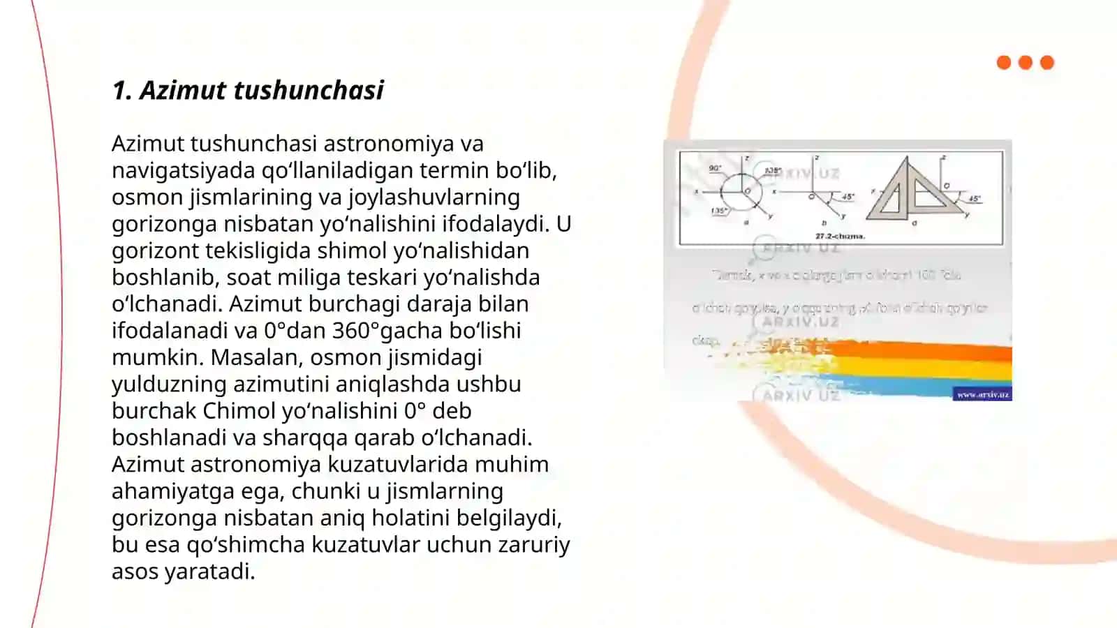 Azimutlar, direksion burchak, meridiyanlar qiyaligi, kompas ignasining og'ishi va rumblar haqida tushunchalar 3