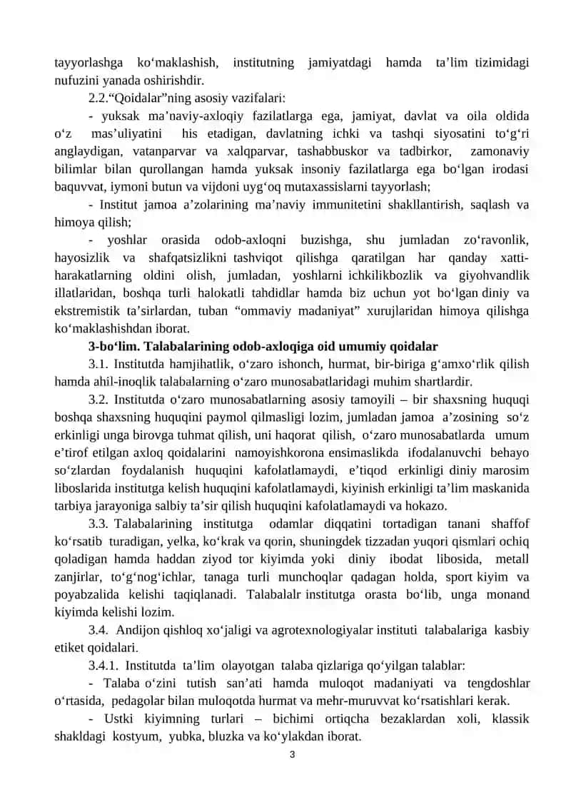 O‘zbekiston Respublikasi Qishloq xo‘jaligi va Agrotexnologiyalar Institutining Odob-Axloq Qoidalari 3