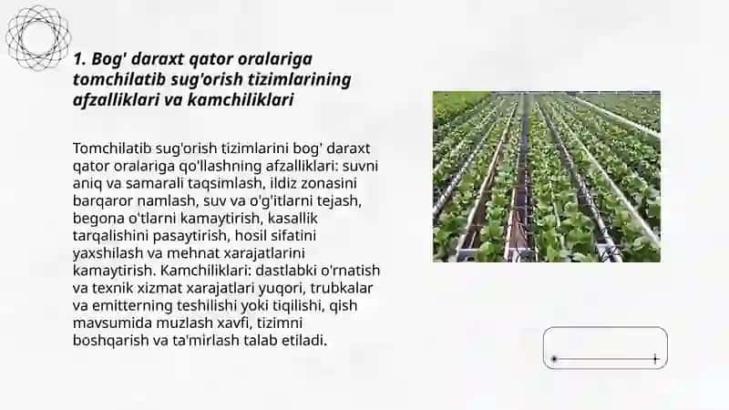 Ekinlarni yomg'irlatib tomchilatib sug'orish tizimlarini bog' daraxt qator oralariga qo'llash va ularning tuzilishini o'rganish 3