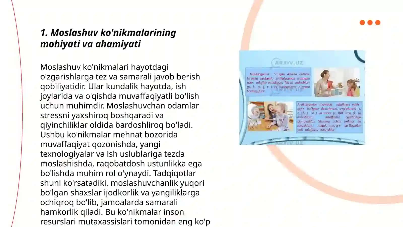 Ijtimoiy pedogogik faoliyatida bolalarning moslashuvi ko'nikmalarini shakillantirish. MTT bolalarning moslashuv ko'nikmalarini shakillantirish texnologiyalari 3