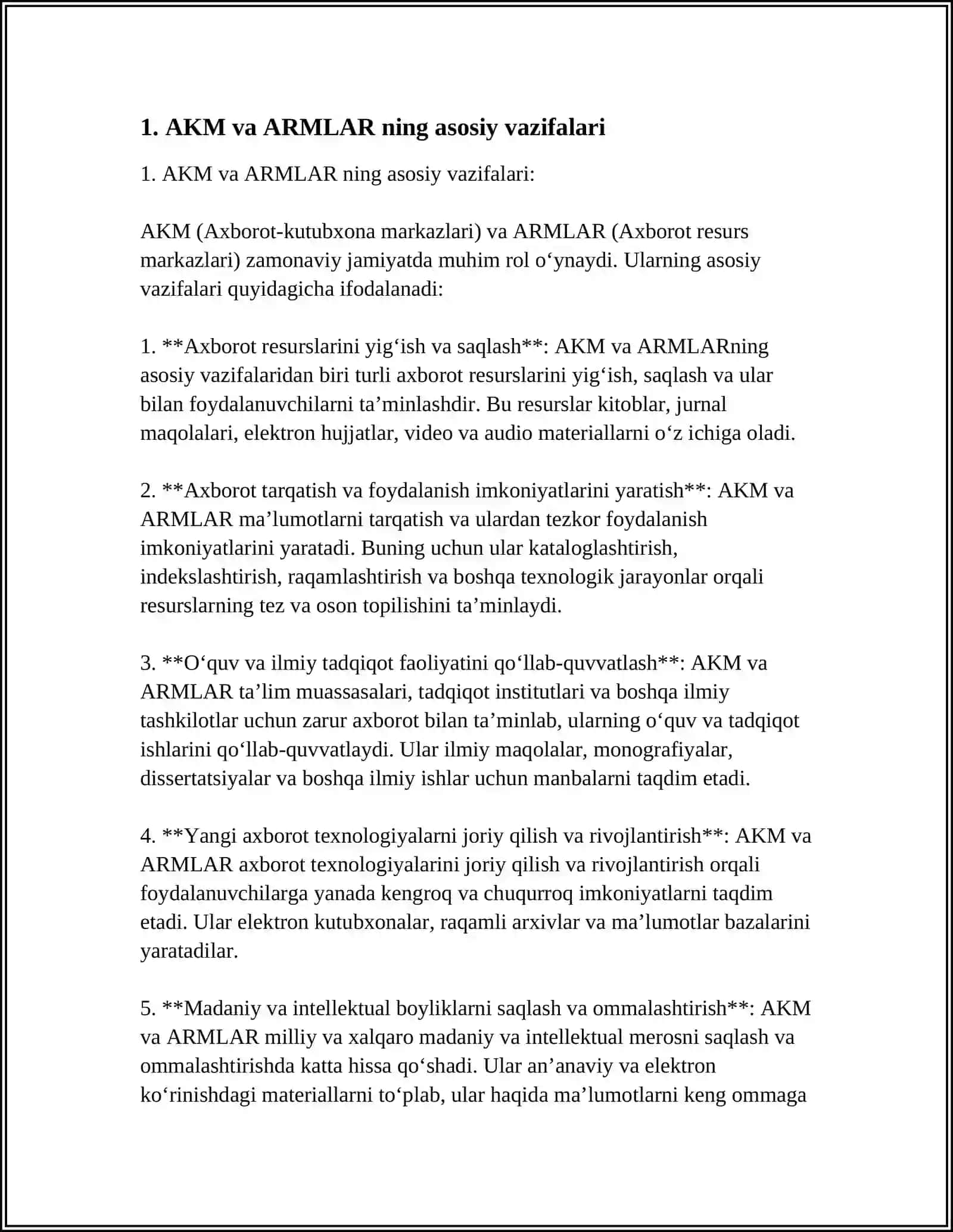 AKM,ARMLAR VA KUTUBXONALAR ISHINI REJALASHTIRISHNING MOHIYATI,AHAMIYATI VAZIFALAR 3