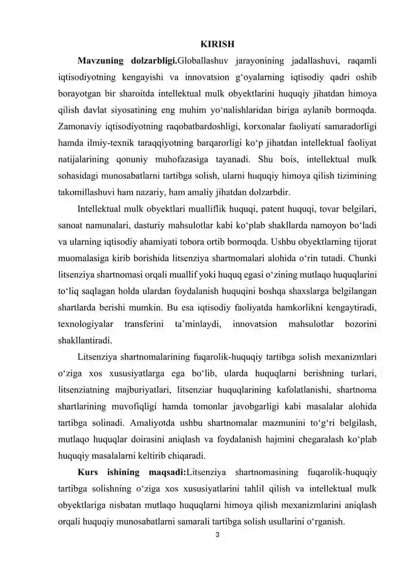 LITSENZIYA SHARTNOMASINING FUQAROLIK-HUQUQIY TARTIBGA SOLISHNING O‘ZIGA XOS XUSUSIYATLARI.INTELLEKTUAL MULK OBYEKTLARIGA NISBATAN MUTLAQO HUQUQLARNI HIMOYA QILISH USULLARI O‘ZIGA XOS XUSUSIYATLARI 3