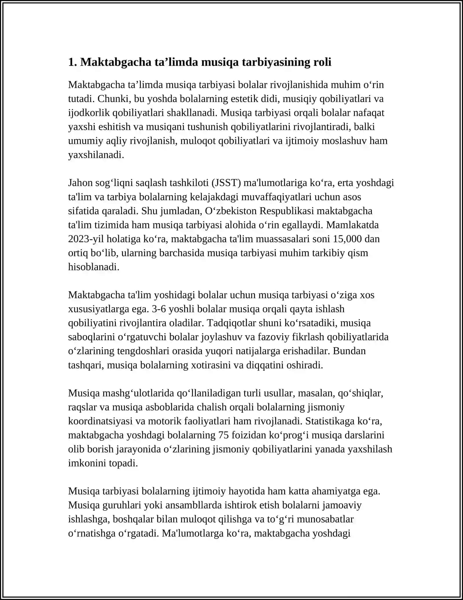 MAKTABGACHA TAʼLIM MUASSASALARIDA MUSIQA TARBIYASINING AHAMIYATI MASHGʻULOTLARINING XUSUSIYATI VA TUZILISHI 3